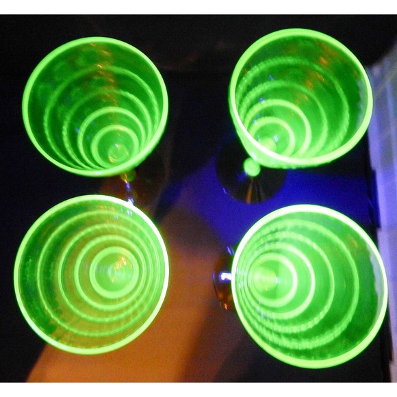 Utility Glass Works Cambodia Ware Vaseline Amber Foot Wine Water Goblet Pair 4 - Picture 13 of 15